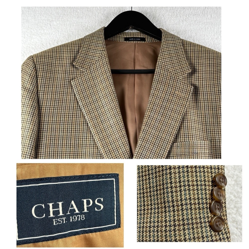 Chaps‎ Ralph Lauren Blazer Men 42R Tan Houndstooth Silk Wool Sport Coat